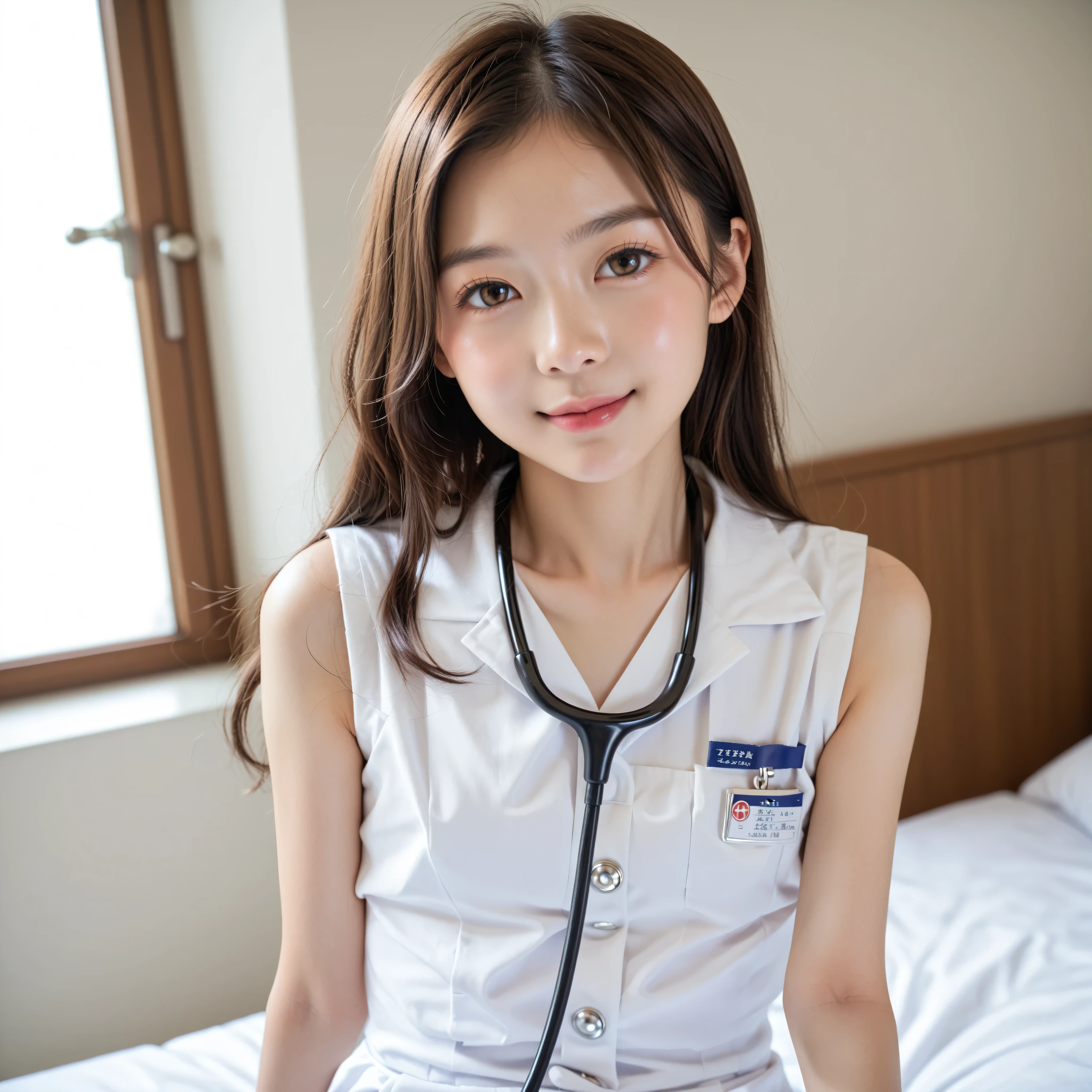 nurse clothes, cute girl, masterpiece, thin shoulders, white skin,Thin Arms,skinny, very skinny ,shortハイト 130センチメートル , thin legs, Thin Thighs, I can clearly see the whole POV,診察室の椅子に I can clearly see the whole POV, I'm hanging my stethoscope from my neck, underwear,,vagina, flat chest, very small , college student ,younger,20 years old,younger, Japanese, flat chest,skinny,slender,short,slender body,younger,かわいいyounger女の子, thin shoulders, realistic, Japanese, small breasts,skinny,slender,short,slender body,younger,かわいいyounger女の子, thin shoulders, realistic, Japanese, small breasts,skinny,slender,short,slender body,younger,かわいいyounger女の子, thin shoulders, realistic, Japanese