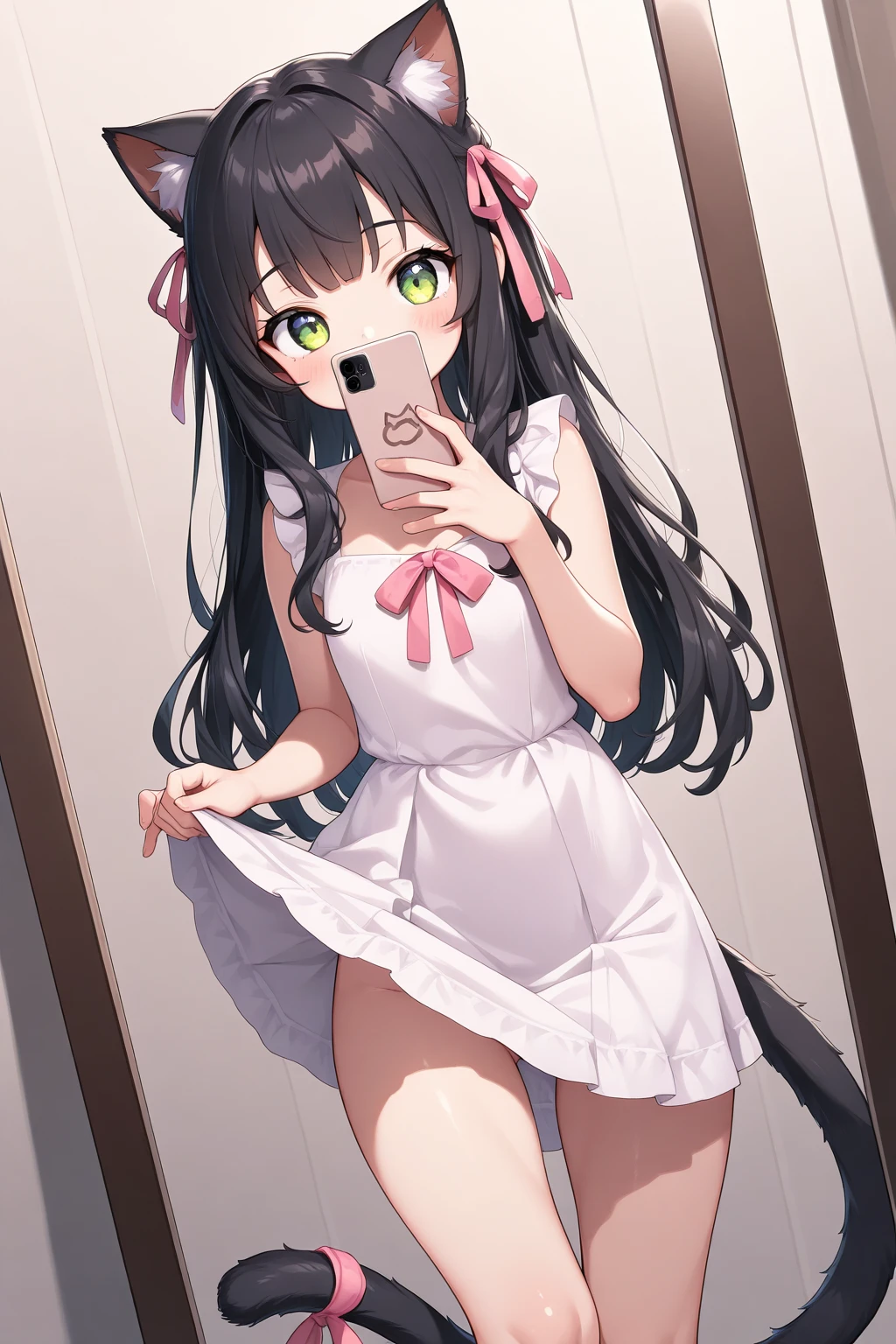 a women, pink bunny ears, black hair, pink eyes, pink dress