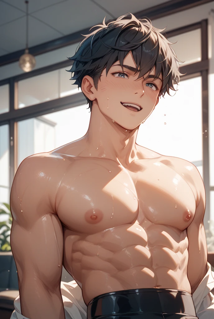 high quality, detailed, 22 years old bulky japanese boy, detailed brown eyes, (abs:1.5), (tanned dark brown shiny skin:1.5), (detailed areola:1.4), black short hair, (black tiny thong), (puffy bulge), pool
