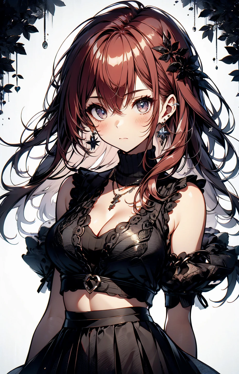 ((masterpiece: 1.4, 最high quality))+,(Super detailed)+, Official Art, unity 8k wallpaper, Super detaileded, beautiful, high quality, beautiful, masterpiece, 最high quality, (Flat Chest), whole body, Character portrait, White Background, Red Straight Hair, White Theme, Red Jewelry, stud, Black lace flats, Asymmetrical Skirt, Lots of lace