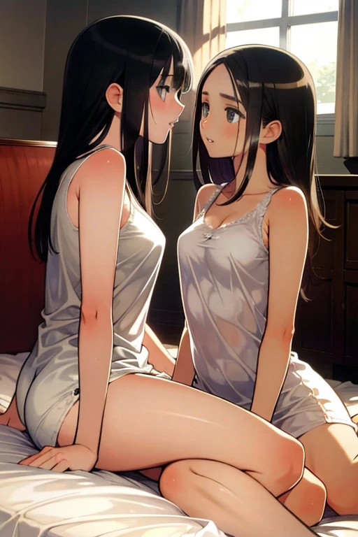 (superflat, flat shading, flat colors:1.1), (locker room), asian girls, young teen, (school uniform) , slim, small breast, dark hair, ((looking over a shoulder:1.4)), white panties, (mini skirt:1.1), (low angle:1.3). minimal detailing, limited vibrant color palette, serene expressions, peaceful introspection, subtle washes of pastel colors, modern Nordic design, understated elegance, simplicity and purity, tranquil atmosphere, digital painting, ultra fine, sitting, (spread legs:1.3), (topless:1.4)