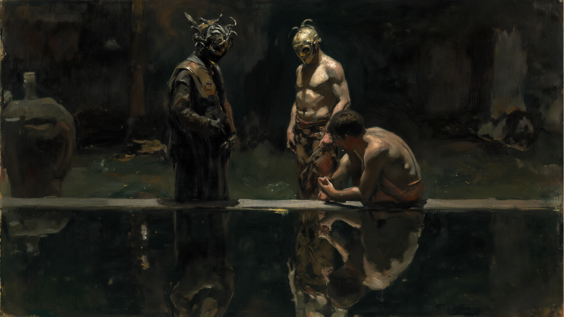 Standing pose, oil painting, exquisite, oil painting, ((5 men in the thermal Baths)), Fresco style, by Daniel Gerhartz, By Greg Rutkowski, regency era, classic art, , ((five naked men)), ((Small flaccid Penis)), ((five shirtless men kissing)), strong handsome, pose, scantily dressed Men, ((5 men)), loving, smooth muscles, landscape background, centered, perfect composition, canvas texture, no clothes, oil on canvas, oil painting, Masterpiece, ((5 Men))