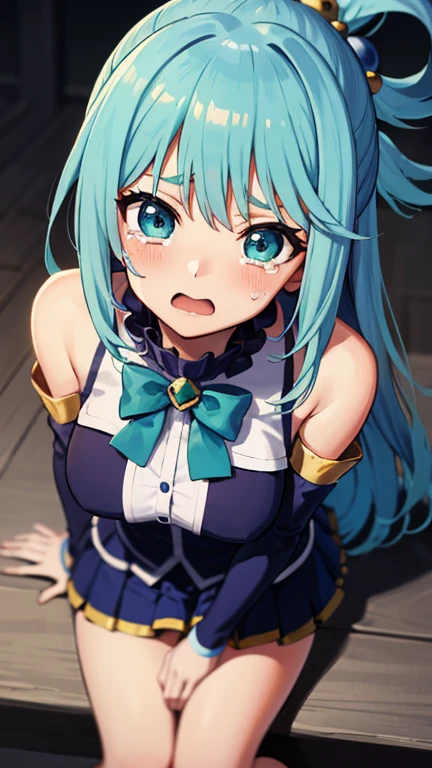 beautiful girl,,Scared,painful,cry,stomach ache,Green Eyes,Blue Hair,Yellow ribbon,Torn clothes,4K,8K,Highest quality