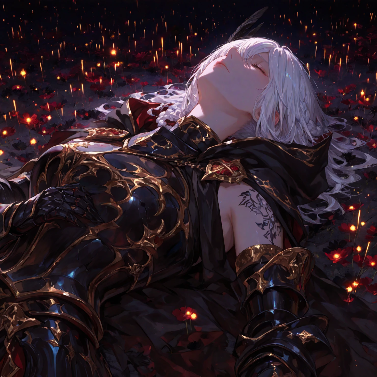 woman, blue eyes, long hair, white hair, mature, god eyes, diamond earings, glowing right eyes, two colors eyes, purple eyes, golden armor, injured, blood, dead, tears, glowing eyes