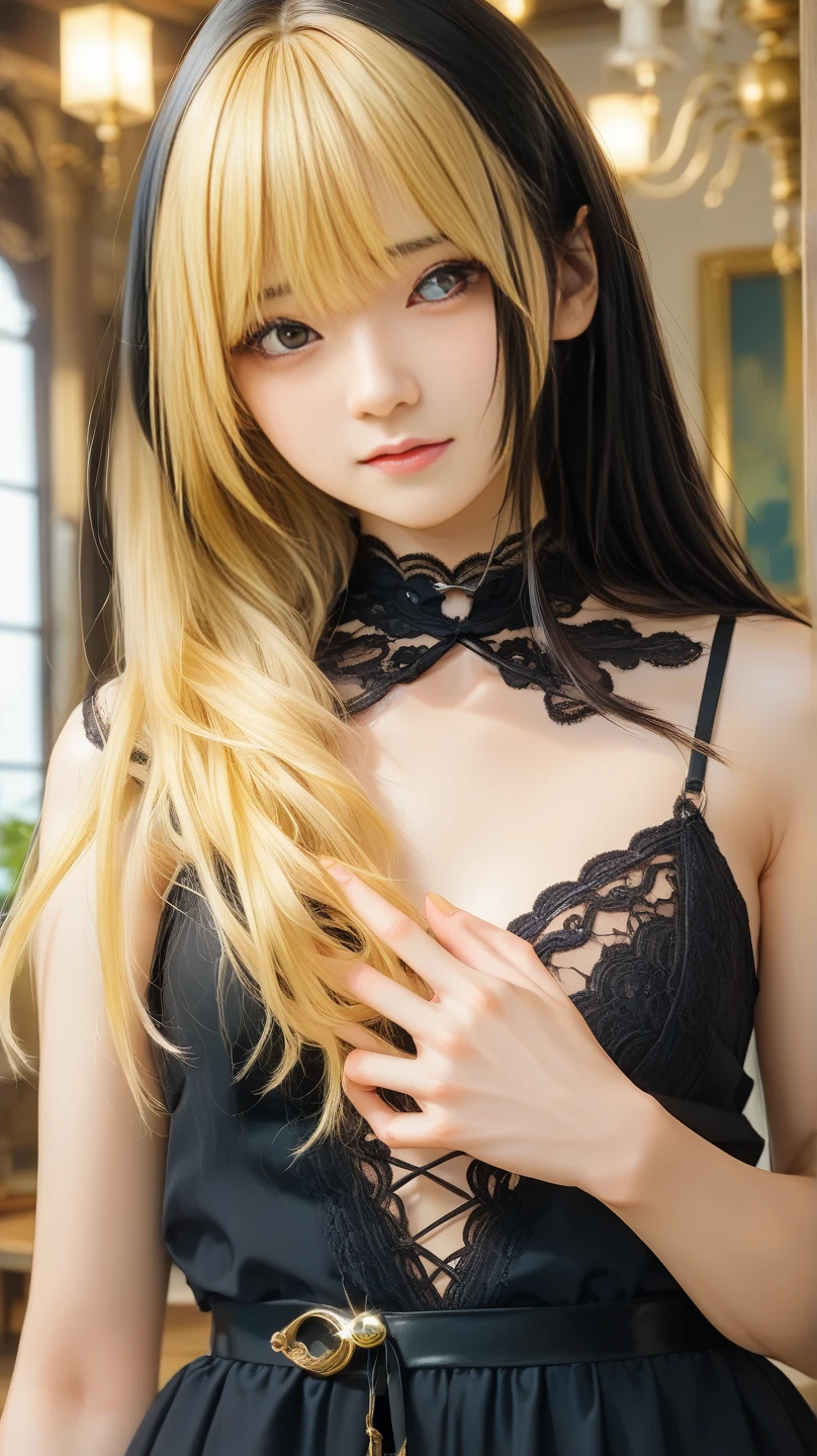 8K、Photorealistic RAW photos of the highest quality。so beautiful(A vivid face) Bright colors、Image of a perfect adult woman、Laughter、Art Station Trends、masterpiece、8K resolution、Fantasy art、Ultra-high resolution,,Mr..々Pause,charm,sexy,Rich colors, Backlight, Cinema Lighting, Film Grain, to be born, 50mm lens, Nikon D850,Vampire Queen,Glowing red eyes,White skin,Ultra-Realistic Skin,Gorgeous red and black dress,Red lipstick,Red nails,Inside the Labyrinth,Vampire Fangs,sexyな外装,blonde,Adult women,