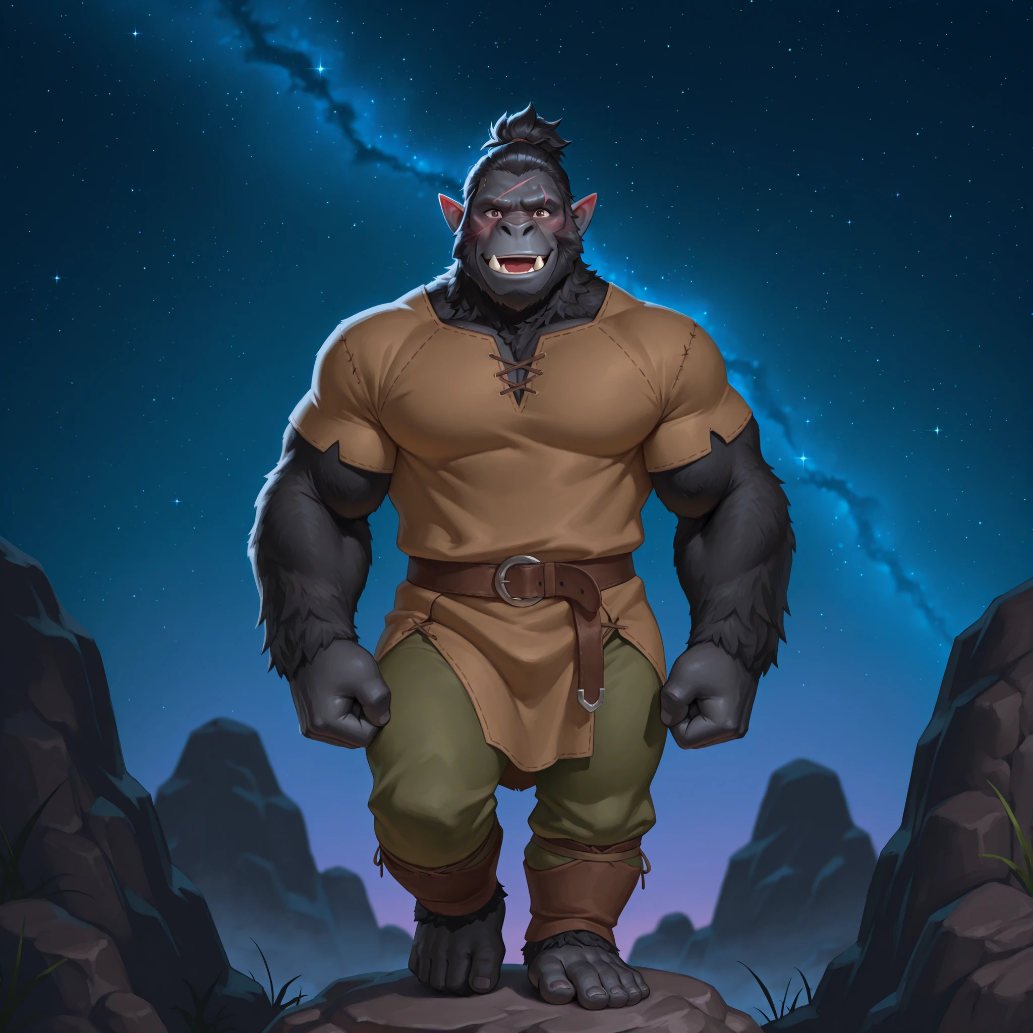 masterpiece, best quality, high resolution, gorilla, muscular male, bara, 1boy, solo, black fur, dark brown demon eyes, dark grey skin, wrinkly skin, black fur, gorilla nose, large nose, upper body, looking at viewer, (((droopy long pointed elf ears))), (kind, hopeful), slit pupil, chipped ears, nose scar, eye scar, scars, short straight demon horns on forehead, light brown horns, confident, tusks, short black hair, short ponytail hairstyle, blushing, embarrassed, night, starry sky, green fields background, walking, open mouth, smile, brown medieval tunic, black tattered medieval pants, handsome, large gorilla hands, large gorilla feet, standing on a rock, from side