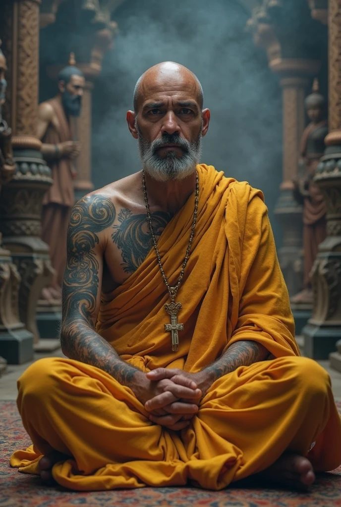 a fat monk , covered in tattoos all over his body, intricate tattoos, detailed tattoos, detailed body, 1 man, old-aged man, bald head, wrinkled skin, serene expression, sitting cross-legged, meditation pose, ornate temple background, warm lighting, rich colors, cinematic lighting, dramatic lighting, (best quality,4k,8k,highres,masterpiece:1.2),ultra-detailed,(realistic,photorealistic,photo-realistic:1.37)