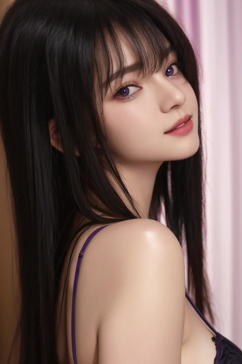 ((((nude)))),(Absurd, High resolution, Super detailed), masterpiece, Hinata(bolt), ((alone)), One girl,Medium chest, Long purple Victorian dress, Mouth closed, (((Long Hair))),Are standing, Bodice and skirt patterns, Frilled Skirt, race, Blinking blinking effect, (((Detailed lips))), garden, Pink and yellow flowers, ((Realistic Skin)), Glowing Skin, ((Glossy Red Lips)), Purple eyes, Portraiture, beautiful, smile, (((Dark blue hair))), Bust Crop, Normal skin