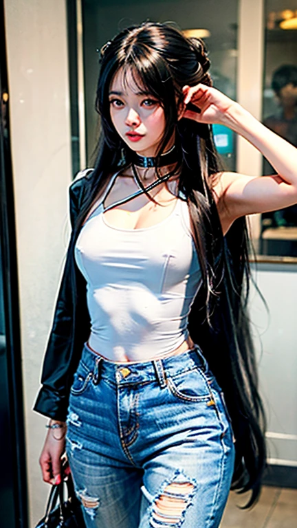 1 girl, 8k quality, masterpiece, best quality, solo, high resolution, street art, dopamine dressing, loose clothing, colorful accessories, jewelry, perfect combination of trend and street, flat model, dopamine pants, summer, sexy face shape, ethereal