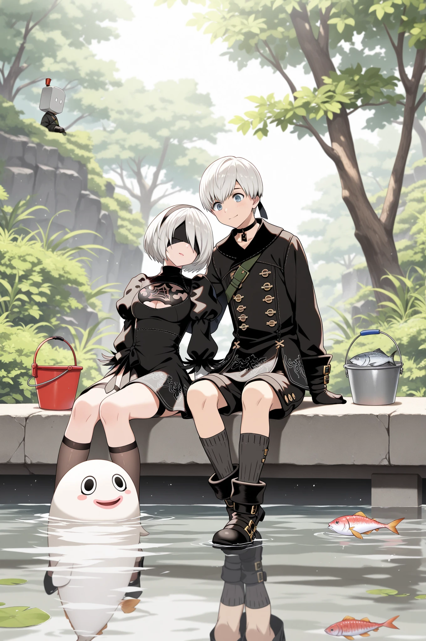 (1 girl,1 boy:1.2),(masterpiece,best quality:1.4),((High Detail)), absurdres, 綺麗な陰影, アニメ調, 2B \(nier:automata\) ,9S \(nier:automata\),They fish and play in the lake. They caught a lot of fish.Two smiling people,Bucket full of fish.