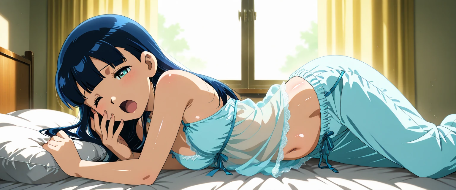 ((best quality)), ((masterpiece)), (detailed), perfect face, brown skin anime woman in a deep V-neck cami top, (jeans), (long hair), starving, (resting hands on the stomach), (hands on the stomach)
