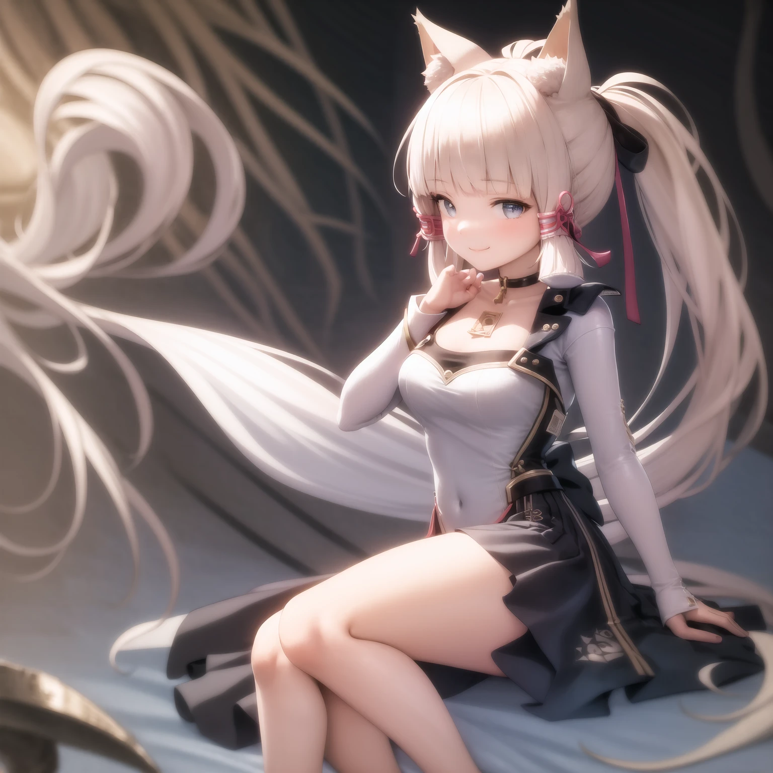 Create an image of a n4k3d white haired fox girl, red eyes, long hair, two arms, two spr34d 4p4rt legs, 5 finger in each hands, one body, fox ears, mouth open, m04n1ng, thin and slender body, being r4p3d