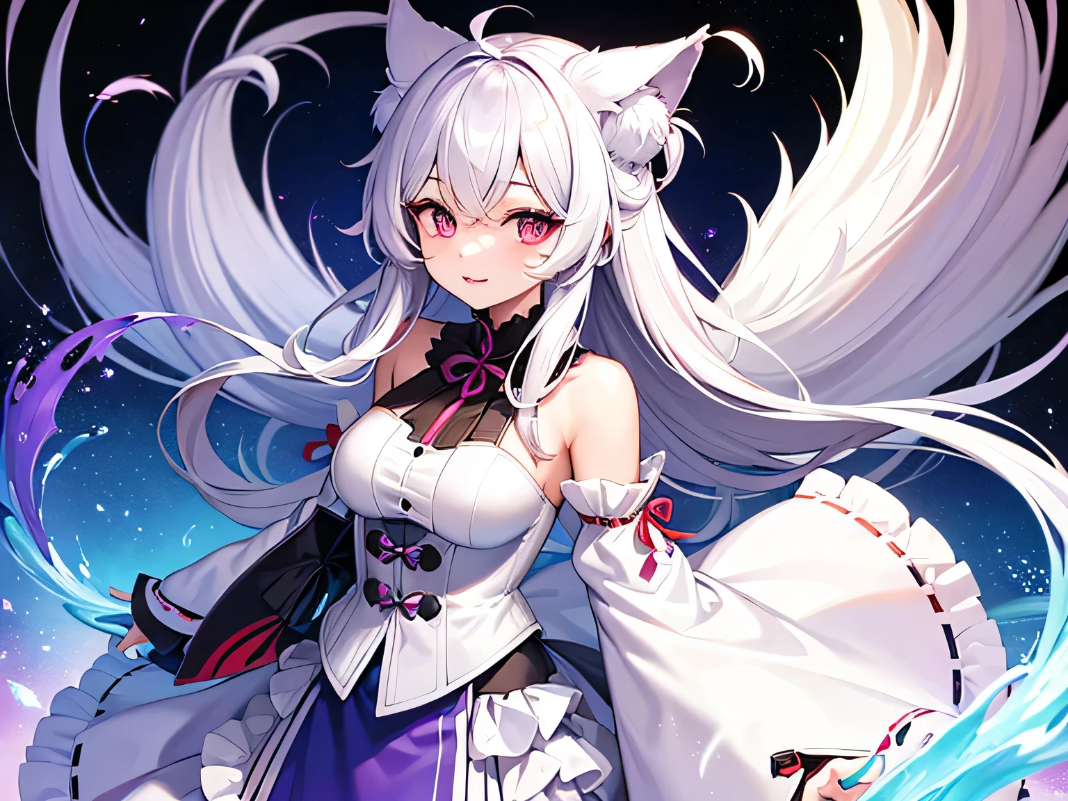 Please imitate the style of this picture,Draw a beautiful girl picture with the same length and width,The requirements are as follows:White outer dress、Black贴身内衣、Black、Dress is an ancient Chinese style、Red pupils、Snow-white long hair、Shawl and loose hair、The smile is the same as the woman in the picture、Second dimension beauty、Full figure、Evil smile、Ultra HD Wallpaper、A girl、Top quality,peeing,Urine