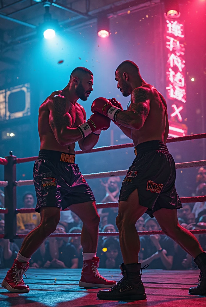 "A hyper-realistic full-body scene inside a packed boxing ring during a high-stakes mega-event. The camera captures the moment as Canelo Álvarez, dressed in his red and white trunks with 'Canelo' emblazoned on the waistband, stands firm, ready to deliver a powerful punch. His muscular build glistens under the bright overhead lights, and his intense gaze is locked onto his opponent. Across from him, the legendary Mike Tyson, in his classic black trunks, is poised to counter, his formidable physique and iconic tattoos on full display. The ring canvas shows the wear of the intense bout, with subtle marks and sweat stains. The crowd in the massive arena is roaring, creating an electric atmosphere, though their faces are blurred to keep the focus on the fighters. The lighting casts dramatic shadows and highlights every muscle, drop of sweat, and the determination in their eyes, capturing the raw intensity and realism of this epic showdown.