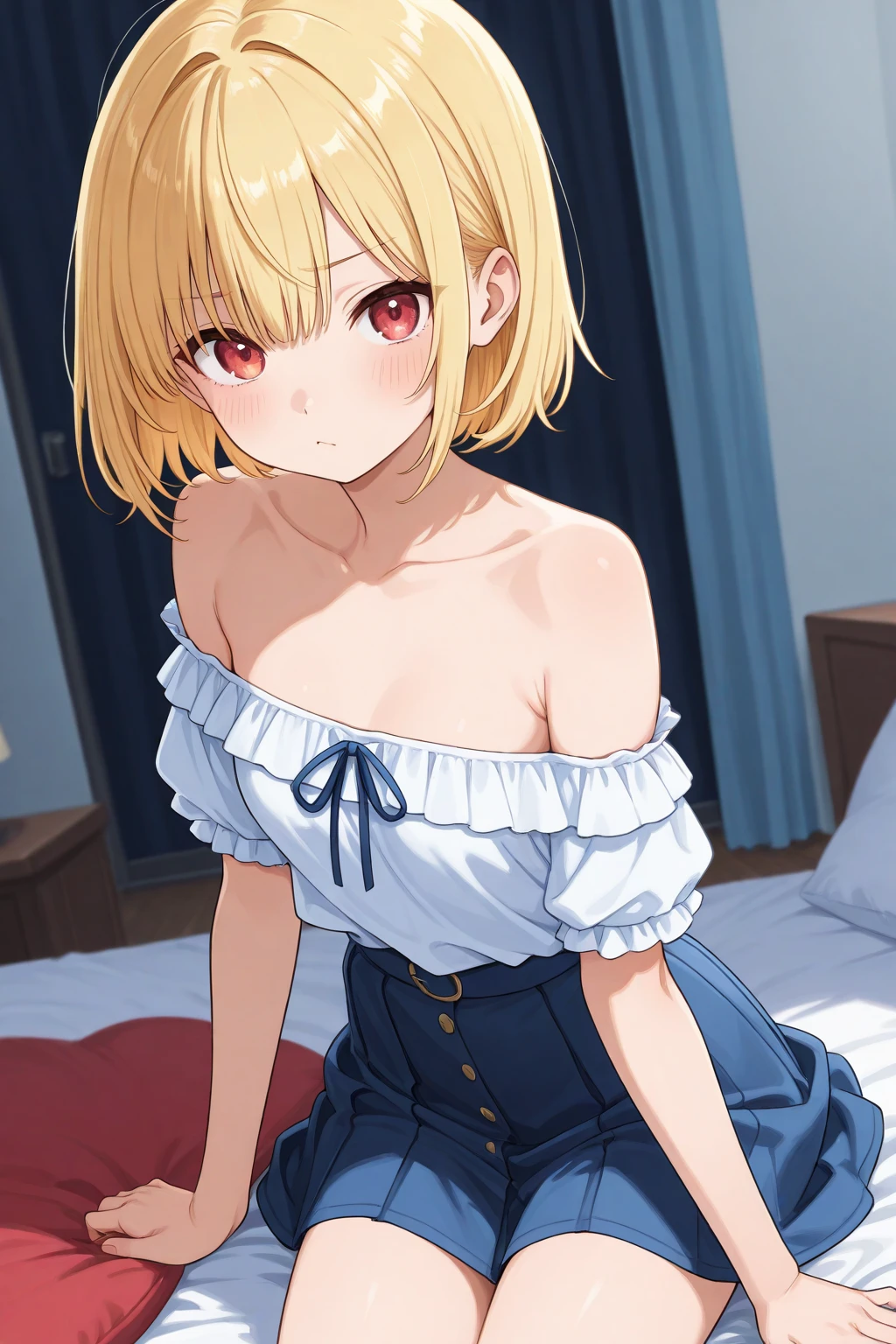 iria_fukumune_soicantplayh, blonde short hair, hair between eyes, light blue eyes, high ponytail, big , short sleeves plunge tee, cleavage, tucked in, blue jeans, blushing, closed mouth, smile, masterpiece, 8K, HD, perfect face, high quality, best quality, extremely detailed eyes, extremely detailed body, highly detailed, expressive eyes, high res, 1girl, solo, knee length shot, front view, looking at viewer, body facing viewer, pov shot, slightly from above, standing up, straight posture, hands on hips, bedroom
