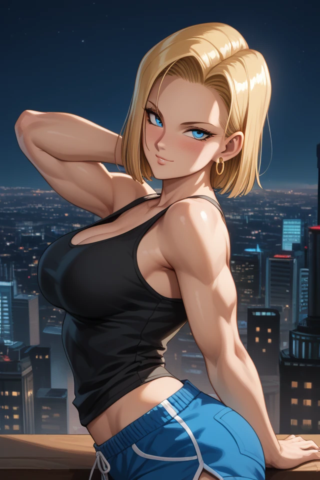 best quality, highres, and18, 1girl, android 18, solo, blonde hair, blue eyes, short hair, earrings, jewelry, big breasts, cowboy shot, street, tight black shirt, hard nipps , oiled body, suomi 80mm Sigma f/2.0,vivid light, crop top, stylized portrait, by greg rutkowski, trending on artstation detailed, award winning illustration, hd, 4k, digital art, highly detailed, cinematic lighting, vibrant colors, in the style of noah bradley, Beksinski