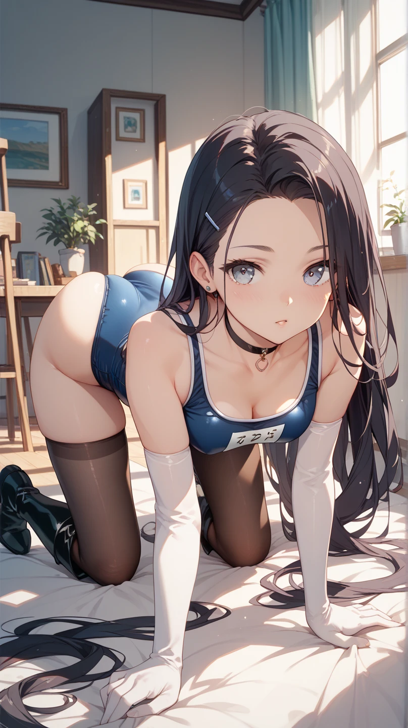 Highest quality、Tabletop、One Girl、Adult women、Underwear only、Dark blue ribbon lingerie、Slit at crotch,Big ample breasts、Dirty body、On all fours、In close range、blush、Kamimei、Cute anime illustrations、Angle from below behind