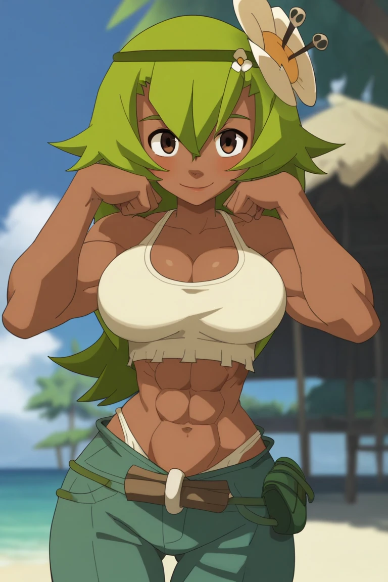 (adult woman), (1girl, solo), walking, ((cavewoman, loincloth, fur clothes)), dirty, small breasts, muscular, abs, (green hair, messy hair), (yellow eyes), ((primordial earth, jungle, volcano)), (yellow sky), ((best quality, high detail)), ((masterpiece)),  <lora:2_koutaro:1>