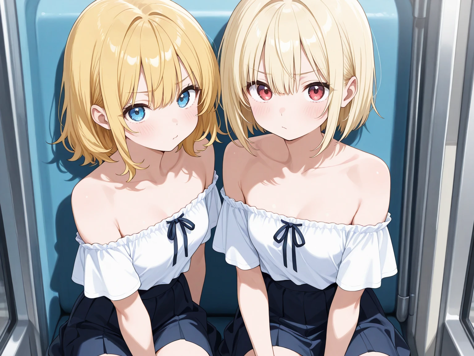 Absurd, Very detailed,Bright colors, Very beautiful and detailed anime faces and eyes, Look straight, ;d, Shiny_skin,Age 25, short hair, , Asymmetrical bangs, (Blonde short twin tails:1.4),(I wear clothes:1.7),(Bra very:1.4),Shiny hair, Delicate and beautiful face,(surprised:1.7) ,blush、blue eyes, White skin, Valletta, Earrings, necklace,(Brown sleeveless:1.2), Beautiful Clouds, Twilight Sky,
