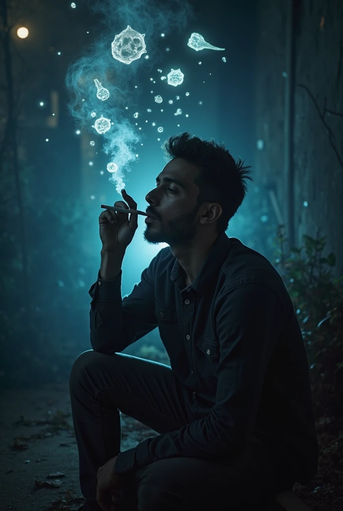 Black Light Art ，With black background，The style of Charles Bacchus, Full length portrait of a person sitting smoking in the living room you can see how his soul tries to leave his body