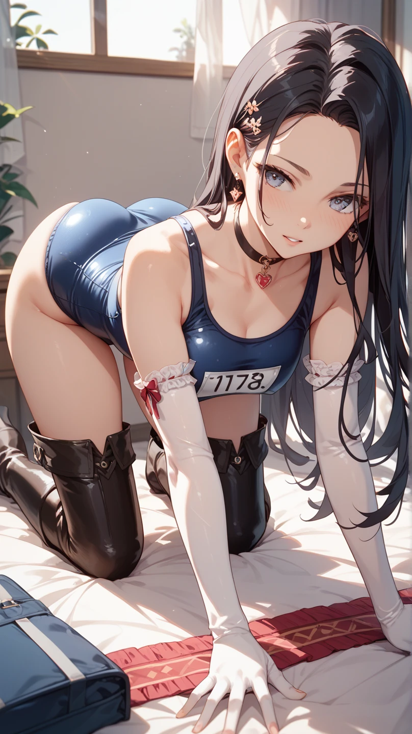 Black hair, long hair, big breasts, big butt, (school swimsuit), ((long gloves)), (((knee high socks))),
