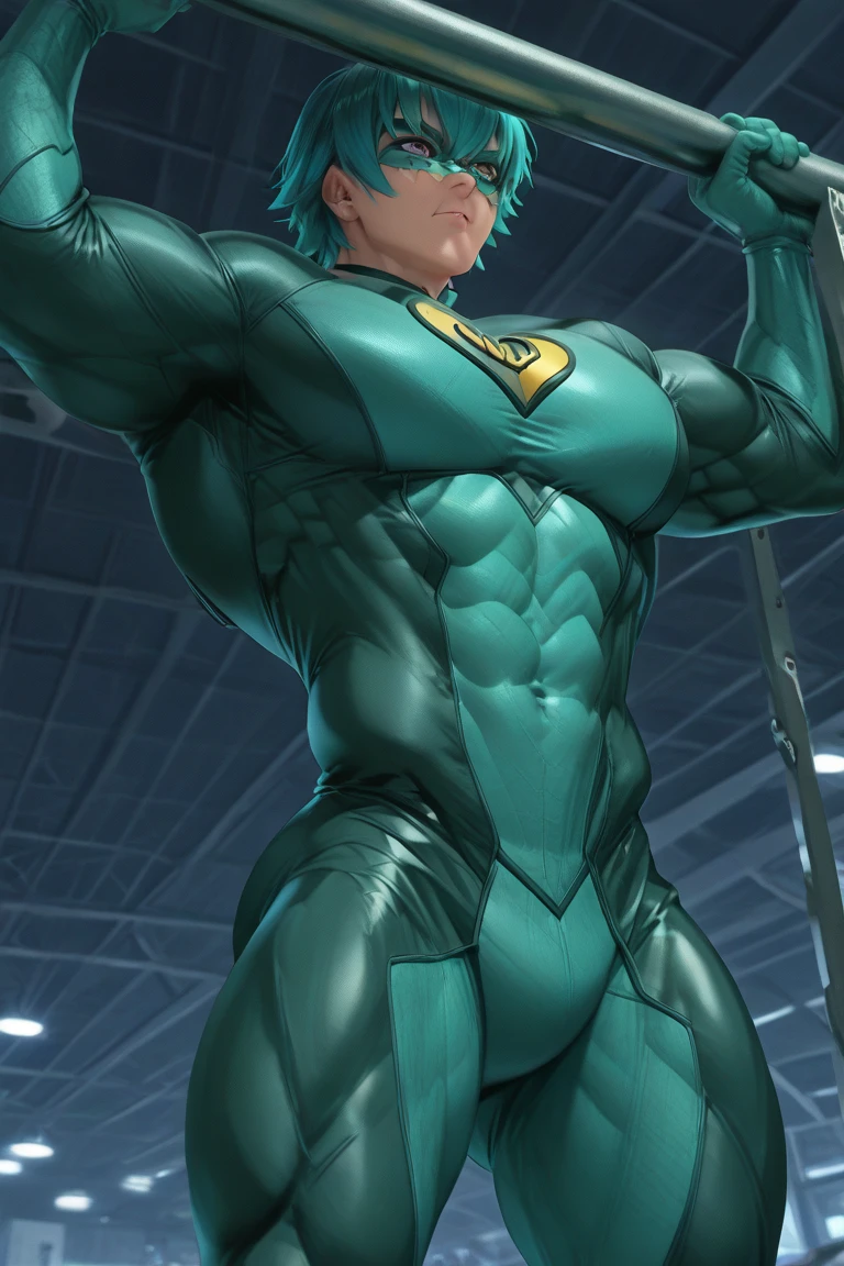 hyper-realistic digital illustration), hires, best quality, boy wearing micro thong, see-through thong , front view, lying on his back, legs raised, legs spread, athletic body, (shinny white skin skin), flat chest, (green hair styled in spikes), determined expression, small waist, big mane, slim scruffy, muscular,