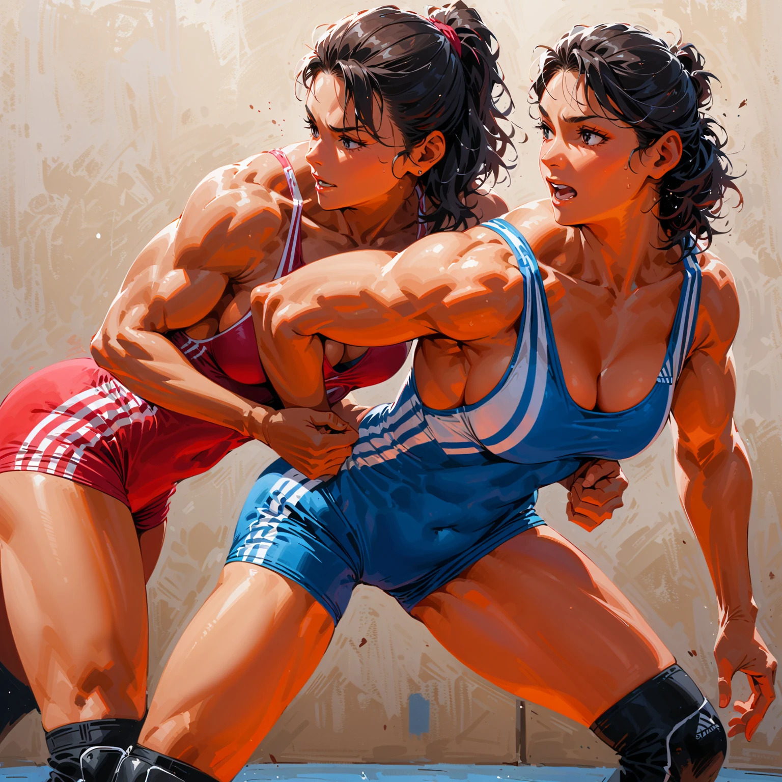 A vibrant and dynamic illustration of two curvaceous and athletic women engaged in a boxing match. Both fighters have perfectly toned bodies and striking features, showcasing their strength and determination. Their voluptuous and shapely chests are accentuated by their form-fitting outfits. The background is filled with an excited and diverse crowd, their expressions ranging from awe to excitement. The entire scene is captured in brilliant colors, with the composition perfectly balancing the fighters and the spectators. The intense atmosphere is palpable, making this portrait a captivating blend of anime and photography., anime, illustration, portrait photography