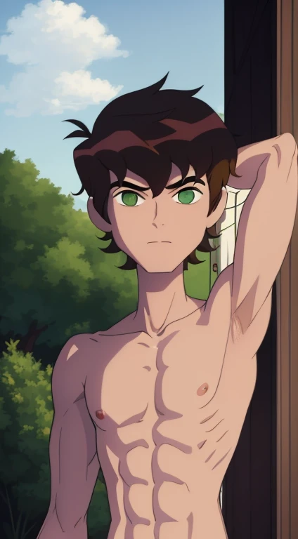Highres, Masterpiece, Best quality at best,Best Quality,hight quality, hight detailed, Anime style, boy, 1boy, Shota, Bentennyson, Green eye, Brown hair, short body, Shirtlesss, topless, Coolarbone, upper body, Choker, Seen from the front, (Armpit), uhd, Blurry beckground