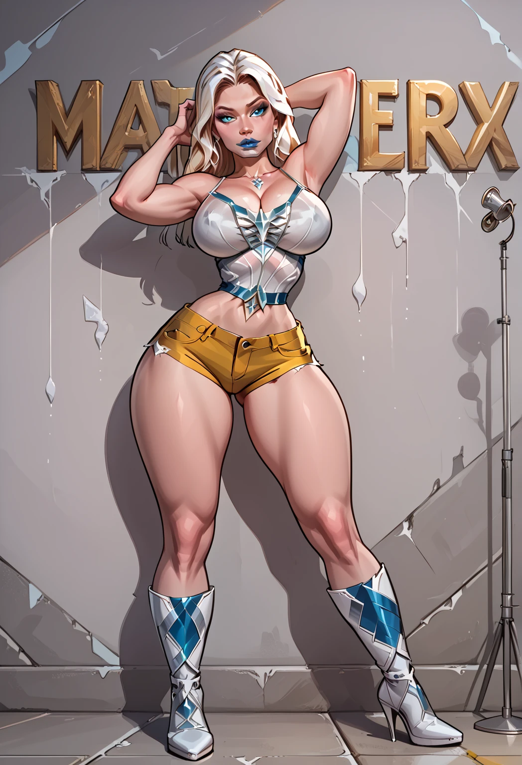 Sexy hermaphrodite, plump pursed lips, freckles, long curly white and yellow hair with bangs, crystal blue eyes with smoky eye shadow and black eyeliner, black semi-matte lipstick, pale to sun-kissed skin, flirty smug smile, large intersex genital bulge, fit body, large plump breasts
