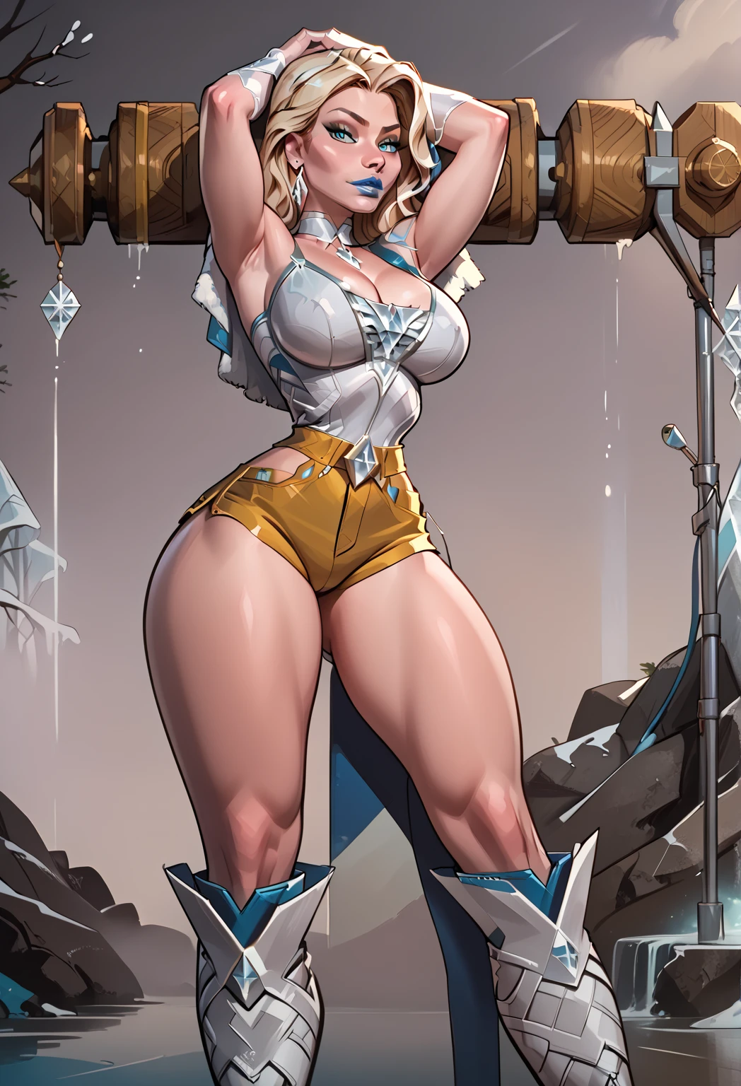 Female wearing tight gantz suit armor torn apart, black collar, corset, navel, abs, single braid, blonde, yellow glowing eyes, bright pupils, eye focus, red cape, temple indoors, stained glass windows, night, moonlight, particles, light beam, chromatic aberration, (full body, whole body. 1solo (girl) slave fighter, loincloth standing, hands on hips full body, whole body, 1solo (girl). slave fighter, standing, hands on hips, choker, big belt, view from below, feet together, bracers, tiara)