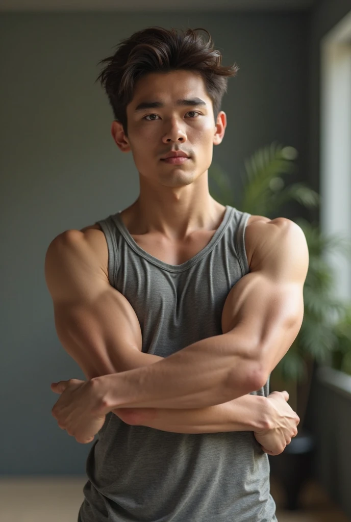 Afraid asain guy, white skin. Muscler, shirtless, beautiful body, wide shoulder, sitting on the floor, realistic, uper camera angle, pants, black cloth background, wooden floor, hyper detailed , detailed realistic body
Black eyes,hands supporting body behind back, smiling at camera