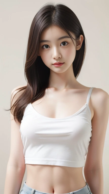 20 year old woman,korean beauty,kpop idol,big_chest,Perfect ,pure_split,calm tone,muted colors,high contrast,natural skin texture,surrealism,soft light,sharp,simple background,light brown hair,sexy costumes,undercut
