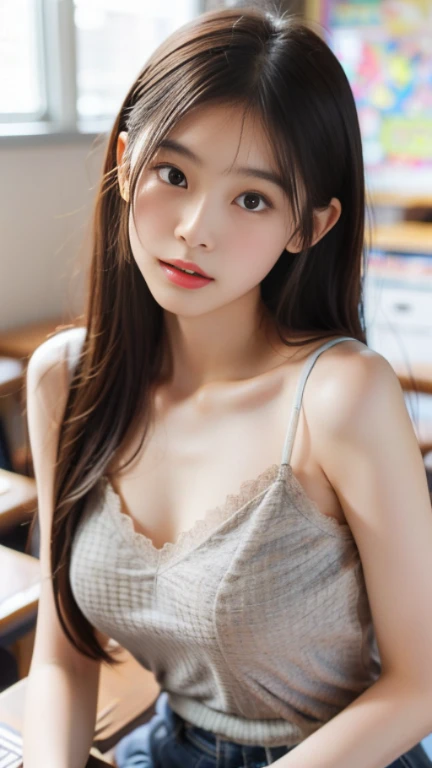 Masterpiece、Best Quality、Illustration、Super detailed、Fine details、High resolution、8K Denden Wallpaper、Perfect dynamic composition、Beautiful detailed eyeedium Hair、Small breasts、Natural color lip、Blue and white striped tank top shirt、Bold sexy pose、A shy smile、Harajuku Style、20 year old girl、Cute、Sexy shot looking at the camera、