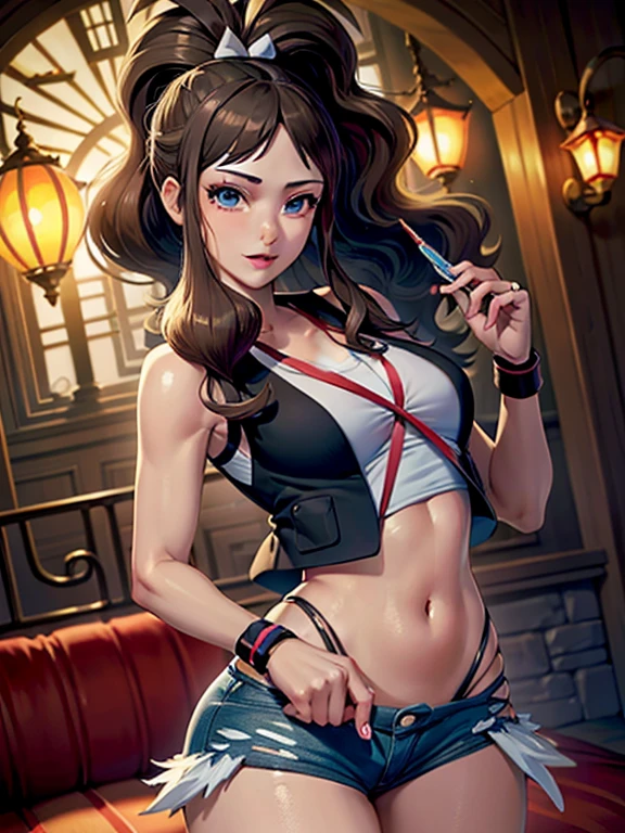Original Character, Volumetric Lighting, Best Shadows, Shallow Depth of Field, Portrait Of Stunningly Pixie Fairy Girl, Petite, Delicate Beautiful Attractive Face With Alluring red Eyes, Messy Painted Face, Sharp Eyebrows, Broadly Smiling, Open Mouth, Fangs Out, Lovely Medium Breasts, pixie small dark Hair, Blush Eyeshadow, Thick Eyelashes, Oversized Pop Jacket, Mini Underboob Tee, Open Navel, Slim Waist, Denim Jeans dark Pants, With Buckle Belt, In a classy hotel room, with a small table and a lampshade, Standing, (Highest Quality, Amazing Details:1.25), (Solo:1.3), Brilliant Colorful Paintings --auto --s2