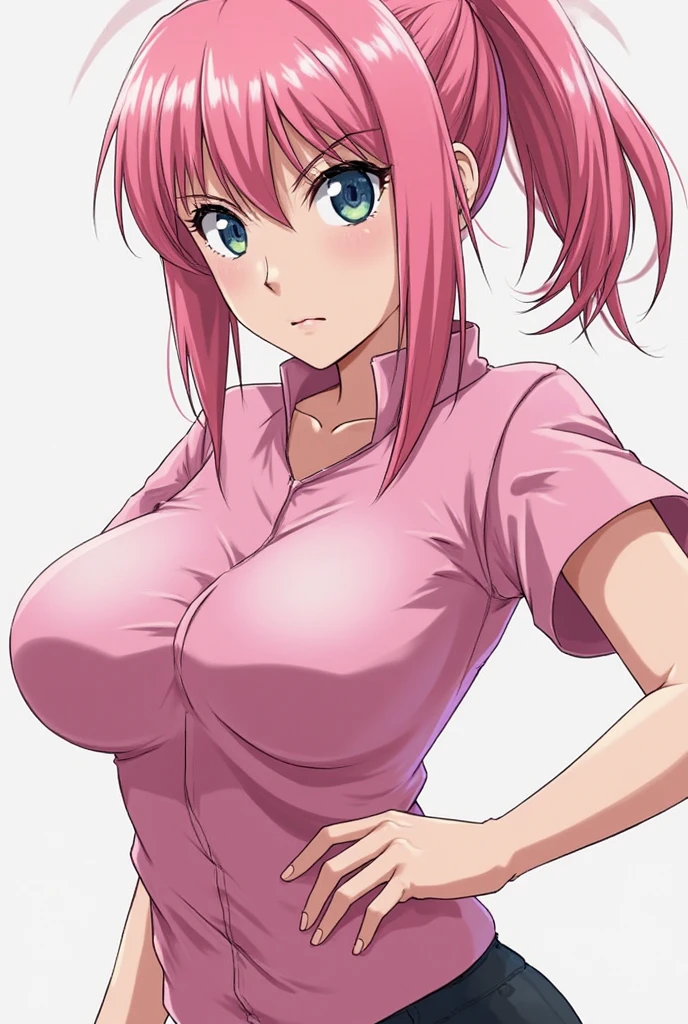 score_9, score_8_up, source_anime Bibl3, defwhitney, pink hair, low twintails, hair ornament, white shirt, short sleeves, blue shorts, huge breasts, full lips, vivid lips, wide hips, viewed from front, standing in living room, vacant smile, staring at viewer, hypnotized, detailed eyes, detailed face, pretty woman, morning