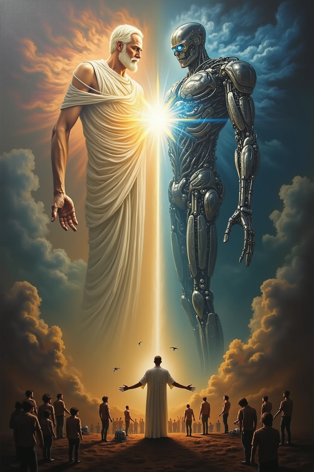 creation of adam painting, android touching gods finger, 8k wallpaper, photograph