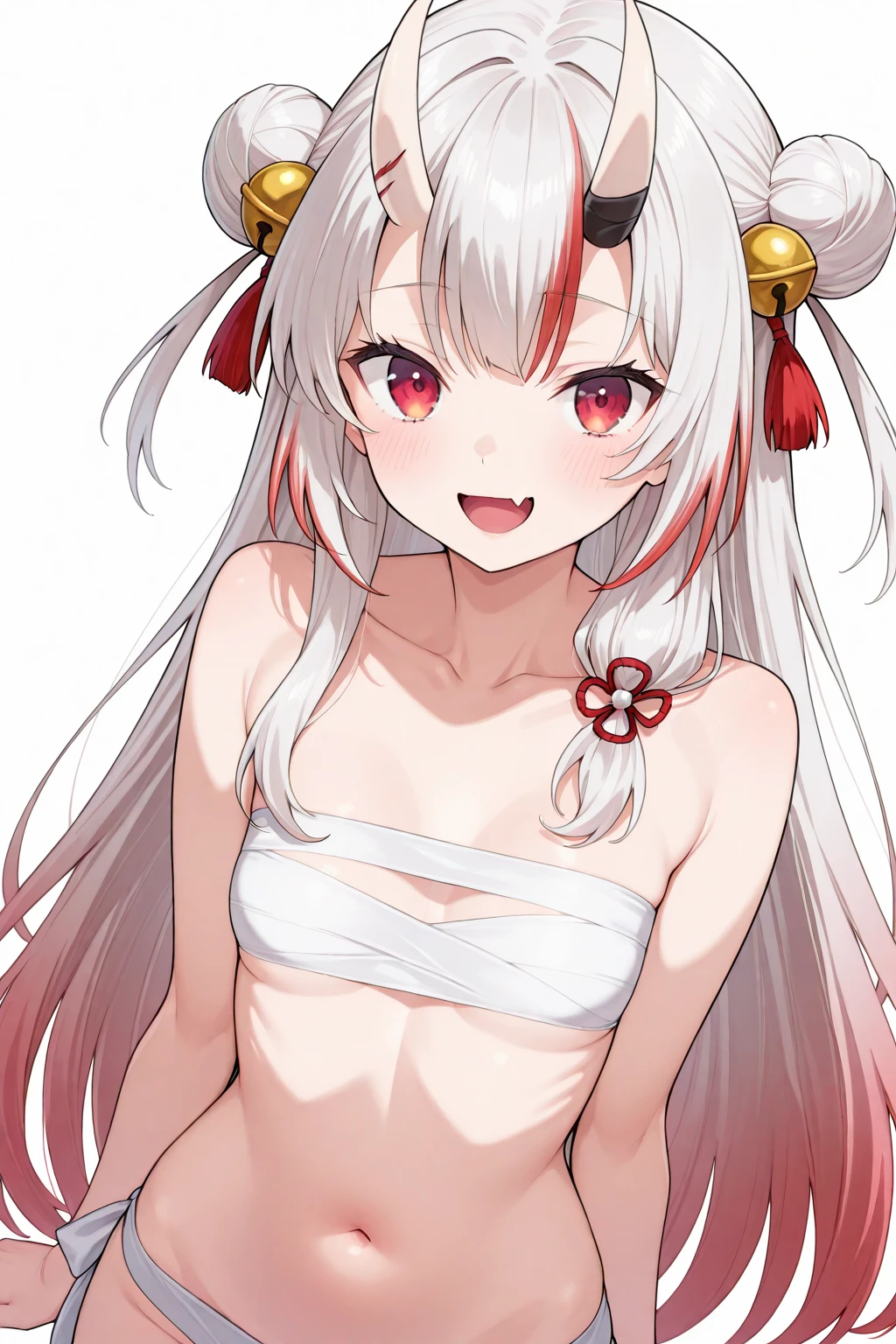Anime Girls, (masterpiece, highest quality, 8K ultra-high resolution:1.4), beautiful detailed eyes, ultra-detailed, cowboy shot,
asanagi style, pale skin, dark skin, tan, red eye, fox ear, ((fox tails)), Wicked Smile, evil grin, red line on the cheek,
twin tails, white Hair, Hair ribbon bell, bimbo, ((dim body)), flat_chest, 
((complete naked)), pussy line, 
looking at viewer, lewd, cute, big eyes, ero, ecchi, nipples, pussy line,
Score_9,Score_8,score_7_up,source_anime, rating_questionable, 
