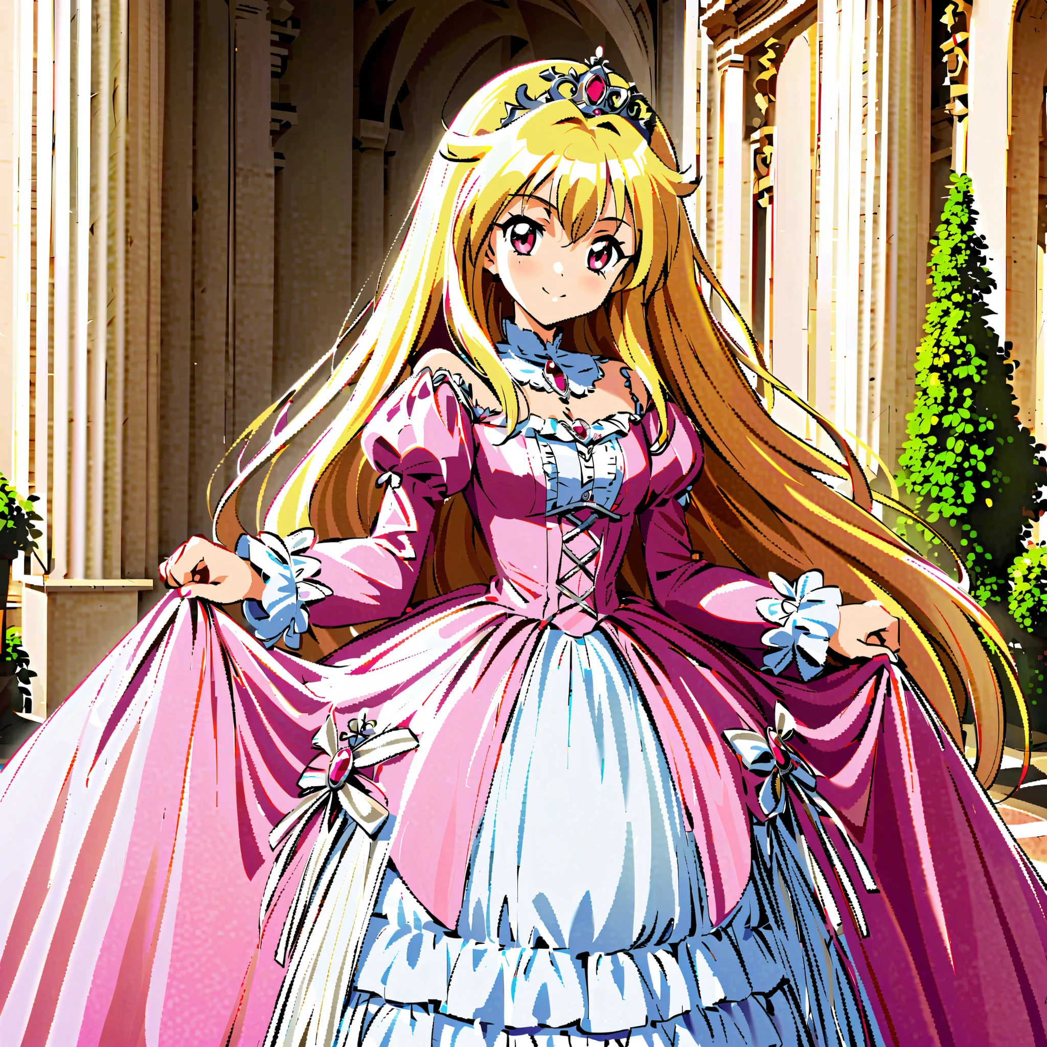 A Cute Princess, she is smiling,((pink Silk Satin Victorian big Ball Gown Dress.:1.0)),baby face,short tall,long sleeves,The dress is decorated with lots of frills and ribbons., blond wave Long hair that reaches down to the waist,They are wearing princess tiara on the head,in the luxurious European rococo style palace,