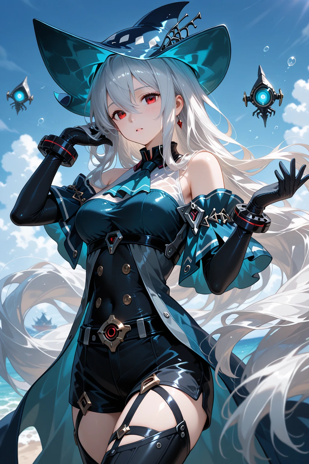 johnston hallowen \(kancolle\), 1girl, breasts, solo, dress, black dress, gloves, black gloves, bat \(animal\), cleavage, moon, official alternate costume, large breasts, full moon, single glove, clothing cutout, black thighhighs, looking at viewer, thighhighs, cowboy shot, cleavage cutout,ht, s nigky, detached sleeves, open mouth, original, intricate detail, illustration, masterpiece, extremely detailed CG unity 8k wallpaper, highlight, sharpening, dynamic, <lora:JohnstonHalloween:0.5>