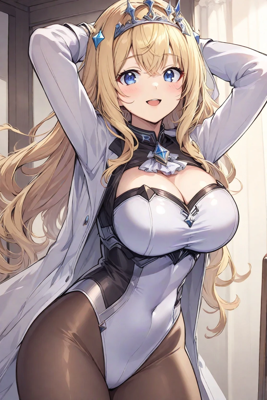 top-quality、realistic touch,high-detail、photoRealstic、thin-waist、captive beauty、solid platinum-blonde eyelashes、platinum-blonde、full body Esbian、cheeks flushed、thin-waist、In a white room、She is in estrus、Sleeveless、Bodysuit with minimal fabric area、Colossal tits、big butts、Angle from below、sexy pose、camel toe
