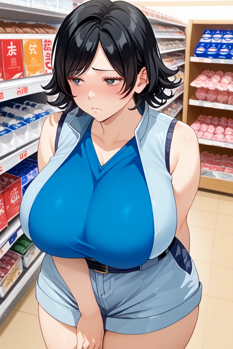 sexy woman, mature, milf, huge breasts, large breasts, curvy, voluptuous, completely nude, nude, pussy, nipples, black hair, blue eyes, tomboy pixie cut hairstyle, slick back, sweating, shiny skin, smile, standing, solo focus, convenience store, indoors