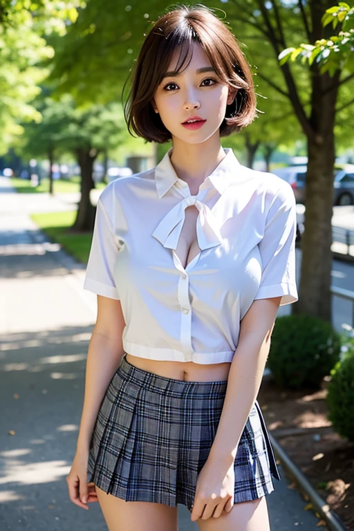 (8K, RAW photo, Best Quality, Masterpiece: 1.2), (Realistic, Photorealistic: 1.37), Ultra HD, 1 girl, Cute, Solo, Beautiful sky, Detailed cafe, Night, Sitting, date, (nose lip), (smile: 1.1), (closed), medium breasts, beautiful eyes, (collared shirt: 1.1), bow tie, pleated skirt, (short hair: 1.2), floating hair