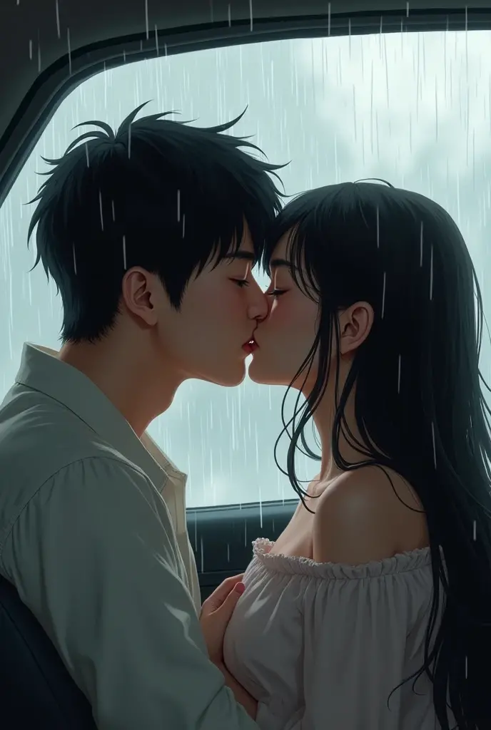 Japanese couple in their 20s, stick your head out the open window、Head facing backwards out the window & Man kissing his girlfriend、in the rain ( Girl's head & Her hair is hanging out the window)