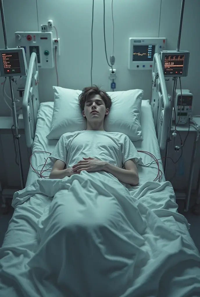 Subject Description: Ultra-realistic portrait of two brothers in a hospital room. Lucas, a man in his 30s, is sitting beside the bed, holding the hand of Gabriel, who is lying down. Gabriel, visibly pale and thin, has light brown hair and blue eyes, reflecting vulnerability. Lucas has dark brown hair and a worried expression.

Environment: The hospital room is lit by cold fluorescent lights. Medical machines and vital signs monitors surround the bed, beeping constantly. The smell of disinfectant is almost palpable, and the white sheets contrast with Gabriel's pallor.

Lighting: The lighting is cold and clinical, highlighting Gabriel's pallor and Lucas' worried expression. Subtle shadows accentuate the tense and urgent atmosphere.

Atmosphere: The image should convey a sense of urgency and fragility, with a touch of hope. The color palette should include whites, blues and grays, complementing the hospital environment.

Image Quality: The photo should be of high quality, with 8k rendering and extreme detail, capturing the emotional essence of the moment.