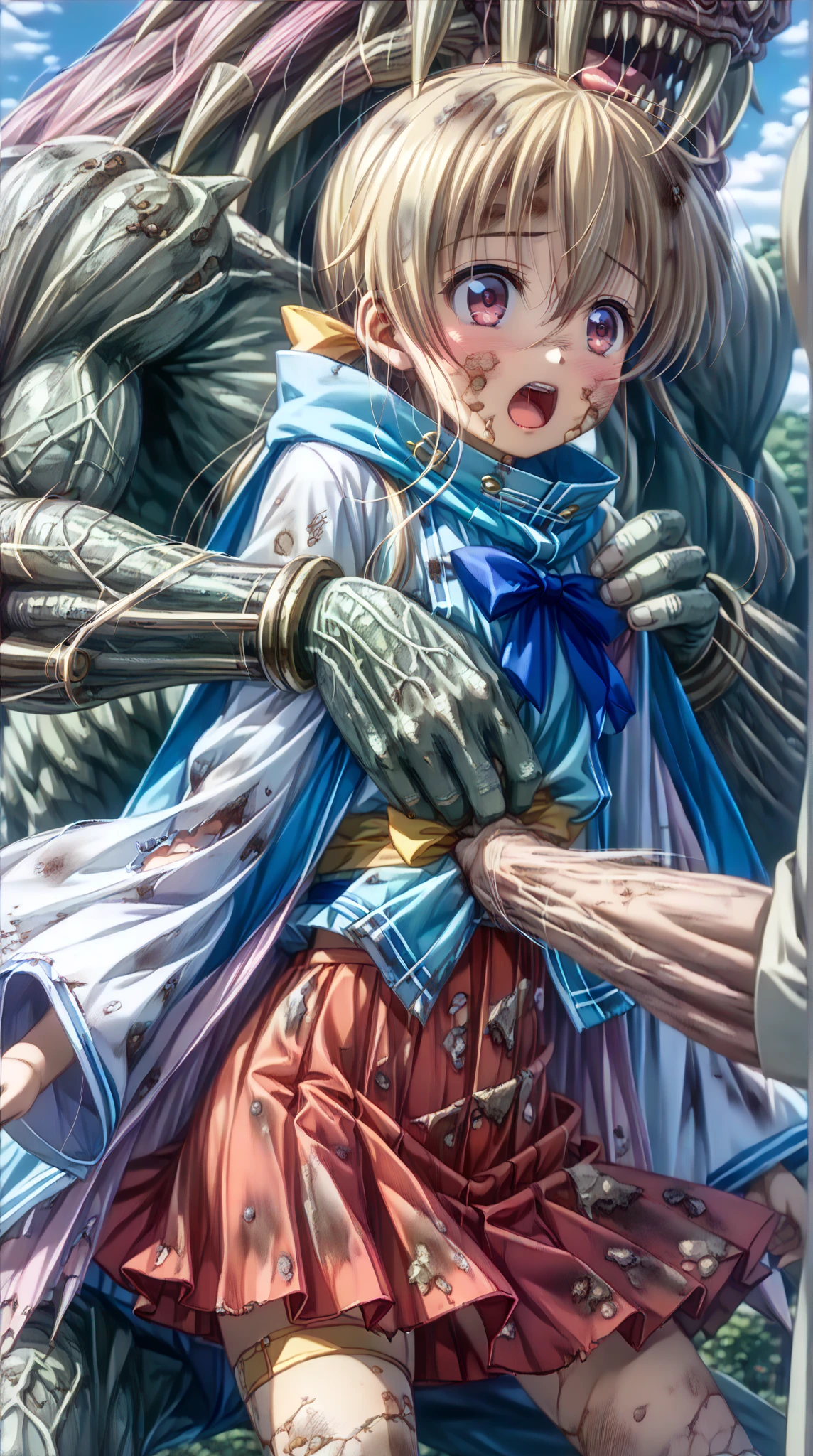(Browsing Caution:1.6)、(masterpiece, Highest quality), Intricate details,(buzzer、grassland)、(Blue and white armor、Clothes get torn)、(Black Hair) 、One Woman、(Clothes get torn)、(20-year-old female), Goblins, surrounded by Goblins, Scared, Think carefully, dark, Torn clothes, Blood,(Three Men)、Goblins grab the waist、Goblins grab chests、Goblins hug、Goblins grab your arm、Goblins grab the leg、Sex with Goblins、M-shaped feet、(cry、Goblins dick goes between your legs)、With sword、Holding a stick、Fight、Tying your hands、Tie your chest with rope、Prisoner、Imprisonment、(Excessive 、Cum on body:1.2、cum in pussy)、(Browsing Caution),(1 male and 1 female,Have sex),(Top girl,Straddle),(Sealing),(Suck on the chest)、