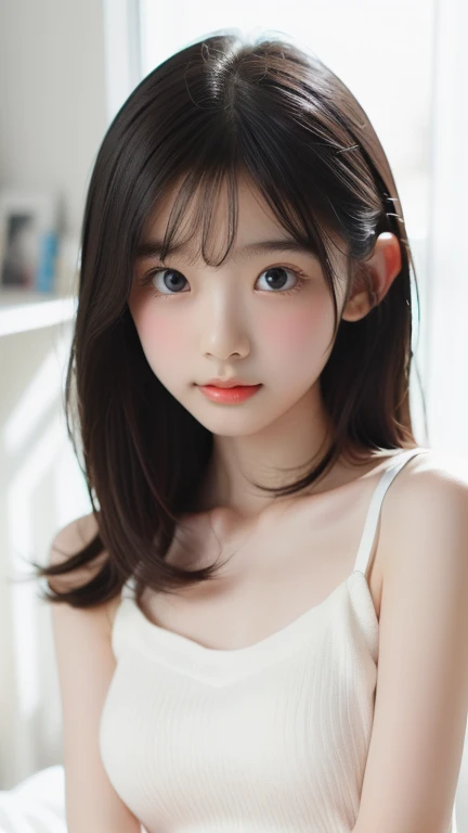 detailed face, cute face,brown eye, Gentle and attractive Chinese beauty, Half-body photo, Delicate and sexy collarbone, Attractive oval face, double eyelid, Bright pink eyes, Pink Lips, Small Nose, Exposing shoulders, Concentrated face, Face close-up, Ultra-high resolution, Super detailed, Elegant standing posture, Korean style puff sleeve square collar slim short shirt, Pair it with a high-waisted light-colored jeans suit.