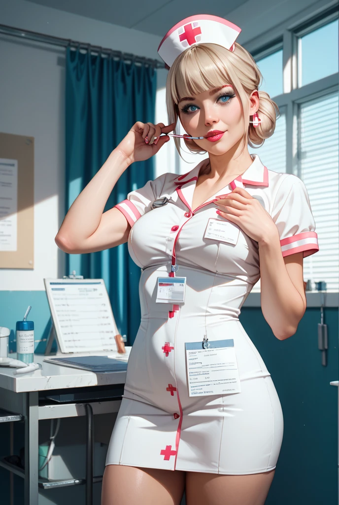 1woman, Nurse, nurse uniform, Nurse Cap, Whiteware, ((White legwear, zettai ryouiki)), White Gloves, Blonde hair, Blue eyes, pink lipsticks, Smile, Standing, sharp outline, Short sleeves, a mature female, 35 year old, Best Quality, masterpiece, infirmary, As chest shows, chest escaping, rain on face, sensuous pose, tit visible,  large breasts, [Victoria Beckham],[Alessandra Ambrosio], [[Jenna Coleman]], cleavage
