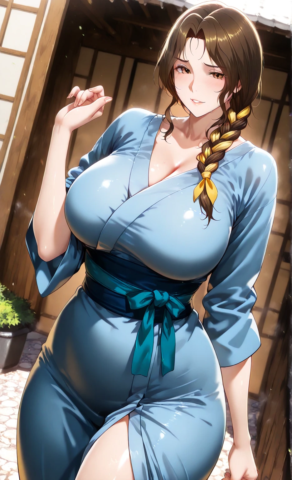 (masterpiece, best quality, ultra detailed, absurdres)1.5, 2girls, (sexy, beautiful woman, perfect face, perfect eyes, perfect female body, huge breasts)1.5, (kasumi, kasumi \(doa\), ninja, pelvic curtain, white sash, white thighhighs, long hair, brown hair, hair between eyes, ponytail, yellow hair ribbon, <lora:kasumi:0.75>), (standing, inside a Japanese dojo), perfect lighting, smooth, hdr