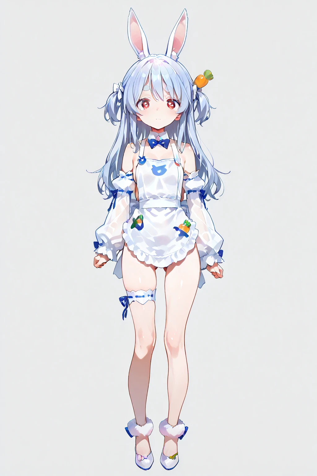1girl, animal ears, bare shoulders, blue bow, blue eyes, blush,long white hair, two blue bows on the head, rabbit ears, open belly, top, white shorts, blue and white clothes, white stockings, white shoes with bows, separate transparent sleeves, white bracelet with spikes 