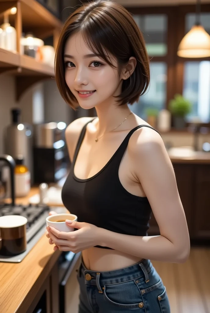 ((of the highest quality, 8K, masutepiece: 1.3, Raw photo)), Sharp Focus: 1.2, (1 AESPA Girl :1.1), Solo, (Realistic, Photorealistic: 1.37), (Face Focus: 1.1), Cute face, hyperdetailed face, (short messy hair: 1.2), Small Smile, Small breasts, flat chest, full nude, sitting, (taking off her black chiffon panties: 1.2), thigh, bar, cafe stand